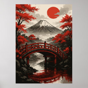 Poster Ponte Vermelha e Paisagem Japonesa do Monte Fuji