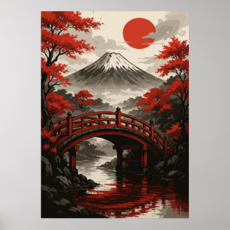 Poster Ponte Vermelha e Paisagem Japonesa do Monte Fuji