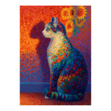 Pontilhismo Colorido Arte de Gato com Girassóis