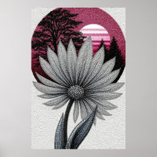 Poster Pontilhismo Margarida Com Pôr do Sol Rosa e Silhue