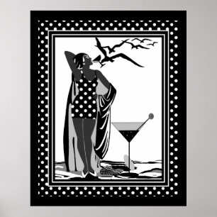 Póster Pontos brancos pretos da SENHORA do ART DECO do