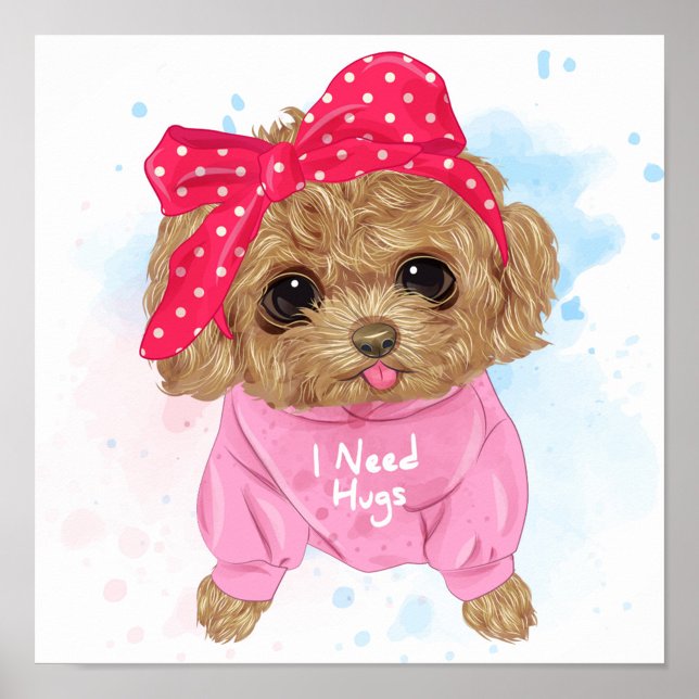 Poster Poodle (A cartoon-style illustration features a cute, brown, fluffy puppy wearing a pink polka-dotted.)