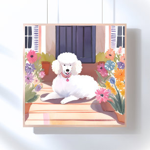 Poster Poodle Branco Flores Aquarela de Cachorro Animal
