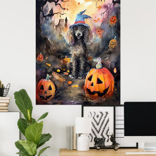 Poster Poodle Halloween Com Pumpkins Assustado