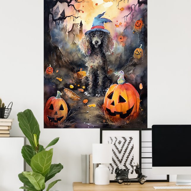 Poster Poodle Halloween Com Pumpkins Assustado (Escritório em casa)