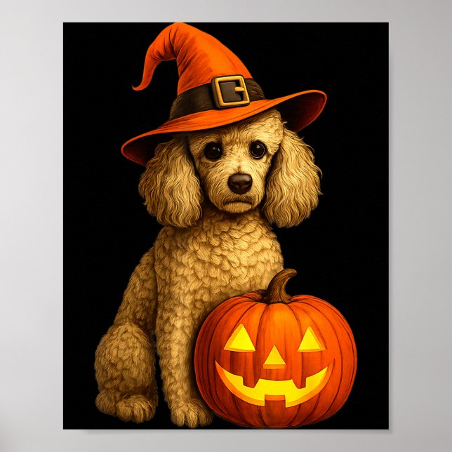 Poster Poodle Halloween Pumpkin Witch Hat Dog Art Family  (Frente)