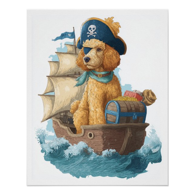 Póster Poodle Pirata � Cão Marinho Engraçado (Frente)