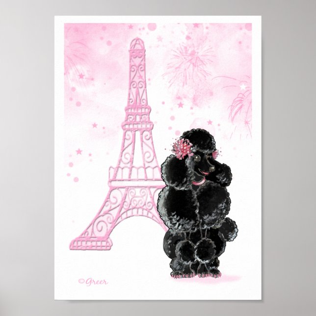 Póster Poodle Preto com Torre Eiffel Rosa (Frente)