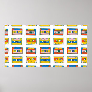 Poster Pop art 90s seamless pattern of music cassettes. B