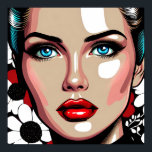Poster Pop Art Ai Comic Book Face de Mulher<br><div class="desc">Mulher pop de quadrinhos com vidro como rosto. Fundo floral vermelho,  branco e preto.</div>