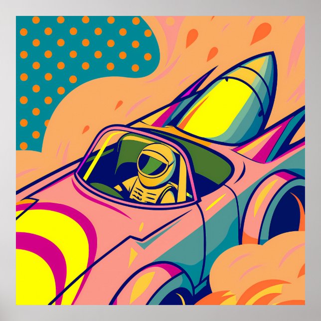 Poster Pop Art Astronaut Driving Rocket Car (Frente)