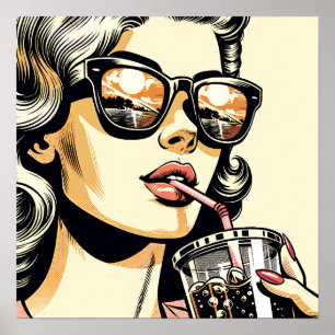 Poster Pop Art Comic Book Bonito Mulher Bebendo Soda