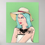 Poster Pop art gótico garota tatuada<br><div class="desc">Um design é o estilo de um poster retrovisor. Uma ilustração de uma mulher com grandes tatuagens de gatos,  vestindo um chapéu de sol. O fundo é meio tons verdes. Uma garota gótico,  ou design de estilo emo para amantes de tatuagem.</div>
