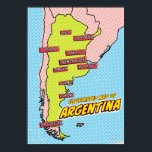 Poster Pop Art Ilustrado Argentina<br><div class="desc">Este mapa ilustrado da Argentina é renderizado em um estilo vibrante de pop. O mapa é esboçado em preto e preenchido com uma cor amarela clara,  colocada sobre um fundo azul com um padrão pontilhado. As grandes cidades da Argentina são rotuladas em caixas azuis.</div>