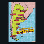 Póster Pop Art Ilustrado Argentina<br><div class="desc">Este mapa ilustrado da Argentina é renderizado em um estilo vibrante de pop. O mapa é esboçado em preto e preenchido com uma cor amarela clara,  colocada sobre um fundo azul com um padrão pontilhado. As grandes cidades da Argentina são rotuladas em caixas azuis.</div>