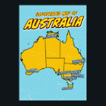 Poster Pop Art Ilustrado Austrália<br><div class="desc">Este mapa ilustrado da Austrália é renderizado em um estilo vibrante de pop. O mapa é esboçado em preto e preenchido com uma cor amarela clara,  colocada sobre um fundo azul com um padrão pontilhado. As grandes cidades da Austrália são rotuladas em caixas azuis</div>