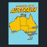 Poster Pop Art Ilustrado Austrália<br><div class="desc">Este mapa ilustrado da Austrália é renderizado em um estilo vibrante de pop. O mapa é esboçado em preto e preenchido com uma cor amarela clara, colocada sobre um fundo azul com um padrão pontilhado. As grandes cidades da Austrália são rotuladas em caixas azuis</div>