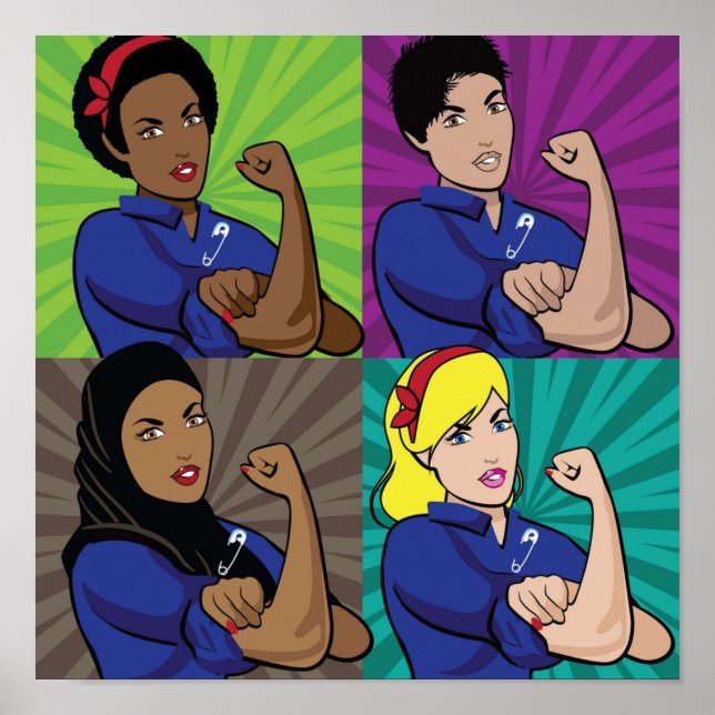 Poster Pop art of multicultural Rosie the Riveters wearin (Frente)