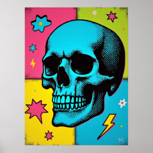 Poster Pop Art Skull com pontos médios neon