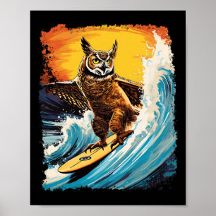 Poster Pop Art Zoológico Vintage Pássaro Coruja Surfando