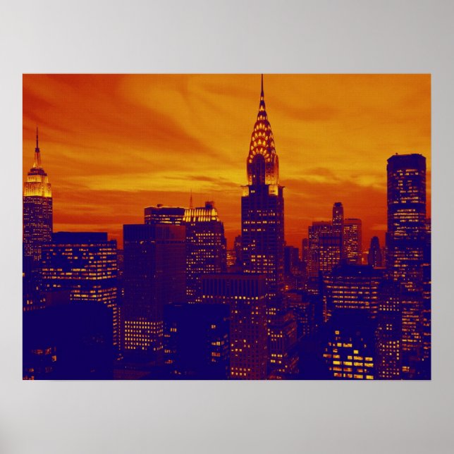 Poster Pop de Arte Azul Laranja Nova Iorque (Frente)