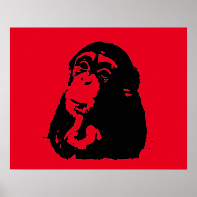 Póster Pop de Arte Vermelha Negra Pensando Chimpanzé (Frente)