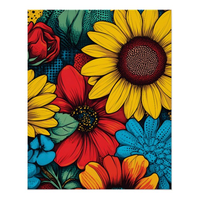 Póster Pop de-arte vibrante Design Floral com girassóis (Frente)