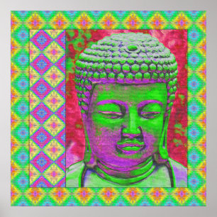 Póster Pop de Buddha com beiras dos retalhos em verde e