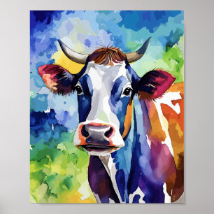Poster Popart Aquarela Vaca Colorida