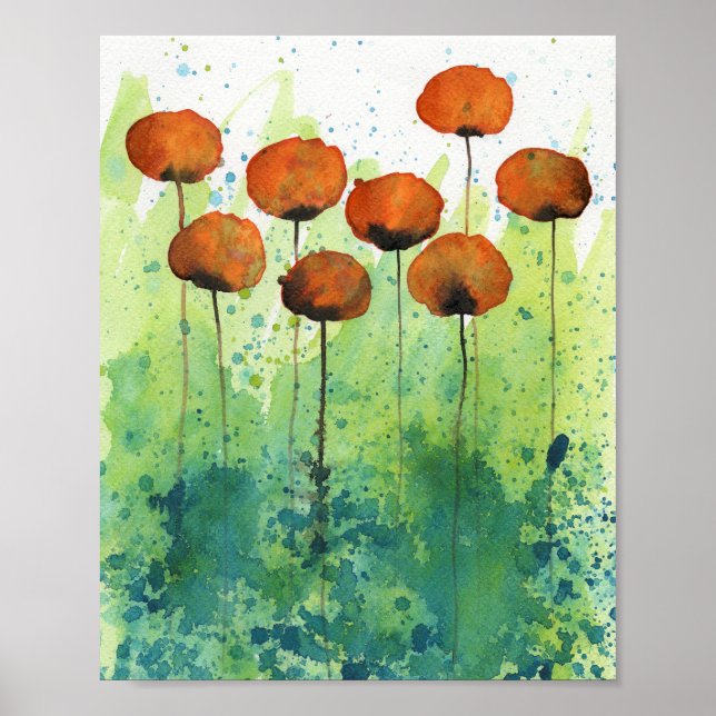 Poster Pópias laranja e verde, Muro de Flores de Aquarela (Frente)