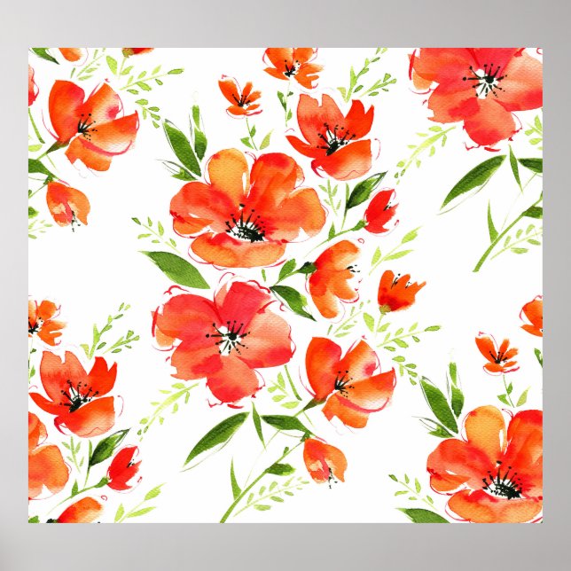 Poster Pópias Laranja Gentil Padrão de Aquarela (Frente)