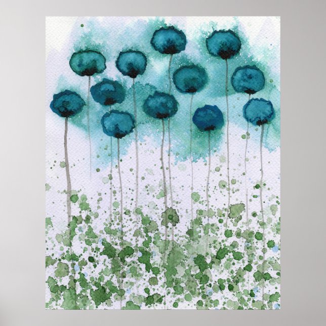 Poster Pópias Teais e Verdes, Muro de Flores de Aquarela (Frente)