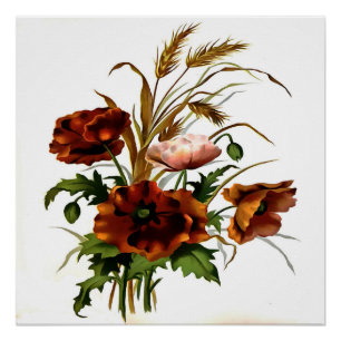 Póster Poppies And Wheat Botanical Art