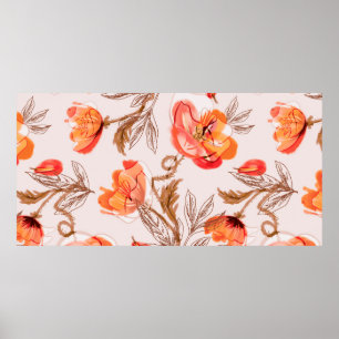 Poster Poppies Flores Sem Olhos Padrão em um Backgr Beig