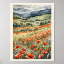 Poppies No Campo Natural Scene Watercolor