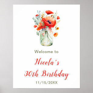 Poster Poppies Vermelhos Mason Jar Birthday Bem-vindo