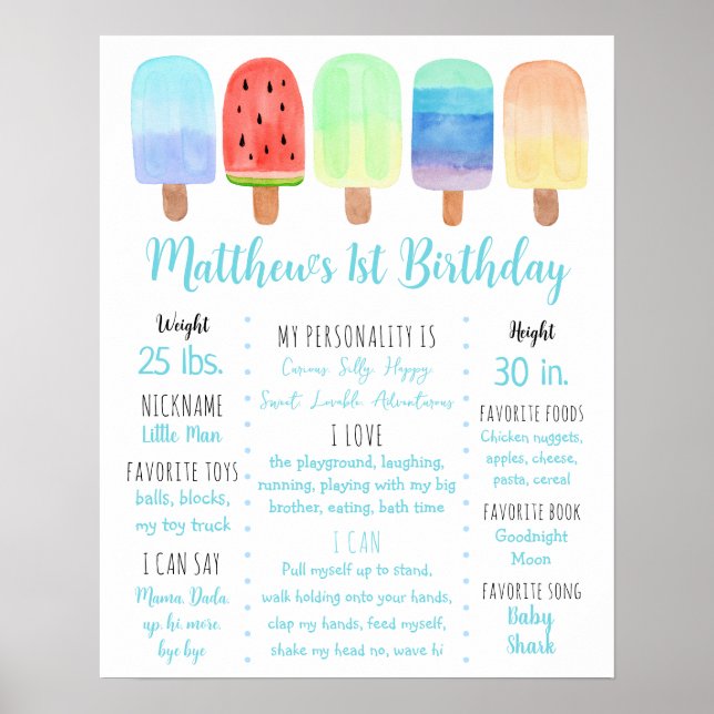 Poster Popsicle Blue Boy Primeiro Milestone de Aniversári (Frente)