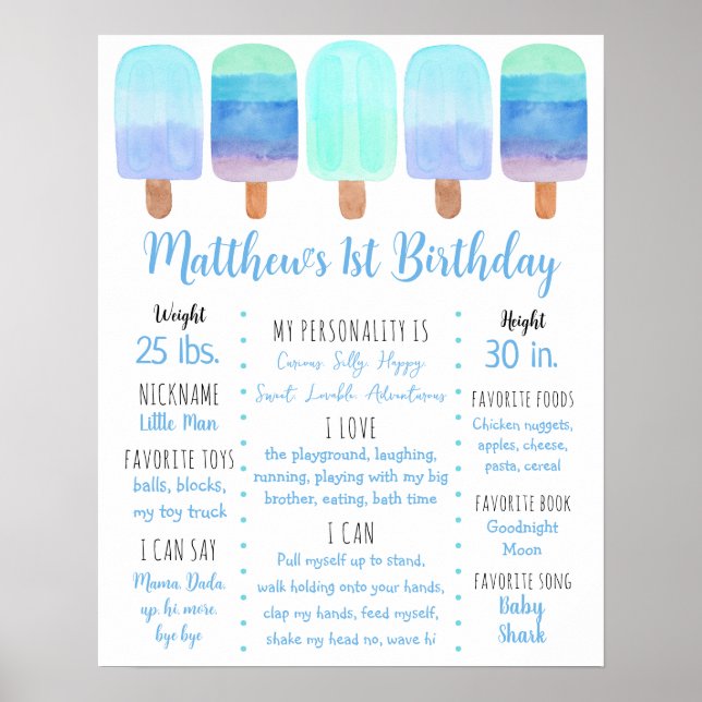 Poster Popsicle Blue Boy Primeiro Milestone de Aniversári (Frente)