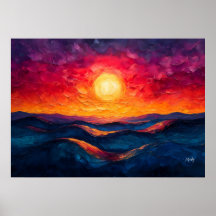 Pôr do sol abstrato vívido sobre ondas rolantes em