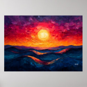 Poster Pôr do sol abstrato vívido sobre ondas rolantes em