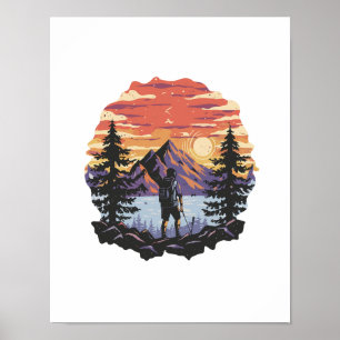 Poster Pôr do sol atrás das árvores e montanhas