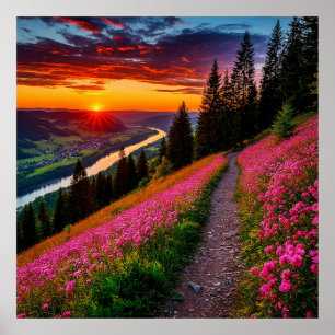 Poster Pôr do Sol Cênico na Montanha com Flores Silvestre