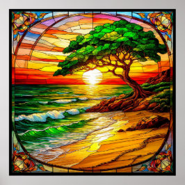 Poster Pôr do Sol Colorido de Vidro Pintado Sobre a Praia