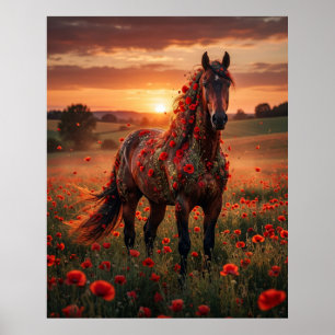 Poster Pôr do Sol com Cavalo Papoula