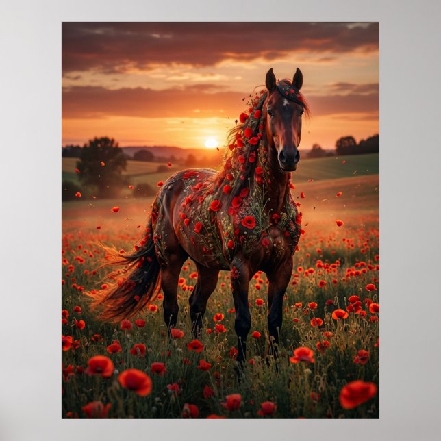 Poster Pôr do Sol com Cavalo Papoula (Frente)