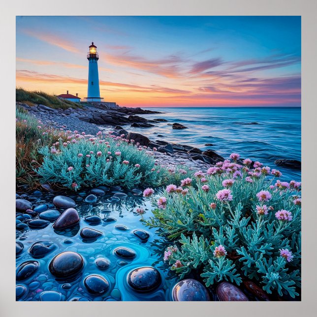 Poster Pôr do sol com flores vibrantes e pedras lisas (Frente)