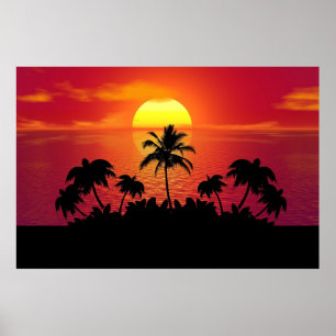 Poster Pôr do sol com silhueta de palmeiras-16514