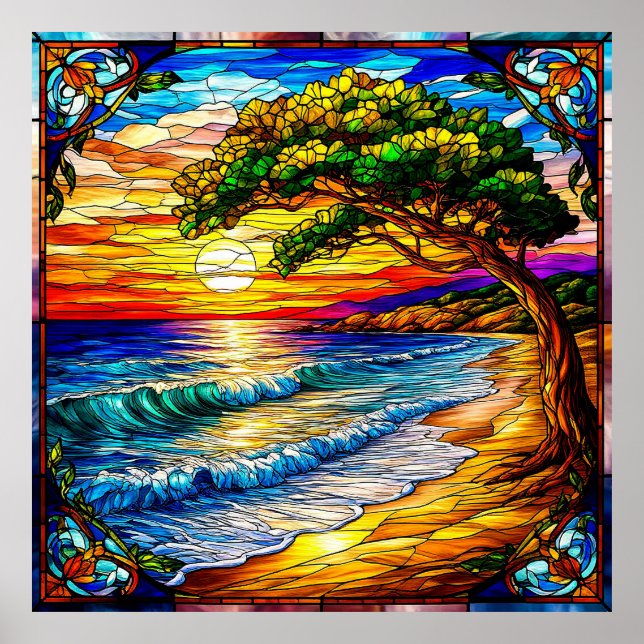 Poster Pôr do Sol Costeiro com Ondas e uma Árvore (Frente)