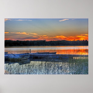 Póster Por do sol da doca e do barco a remos