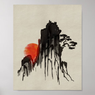 Poster pôr do sol da Montanha Japonesa - sumi-e